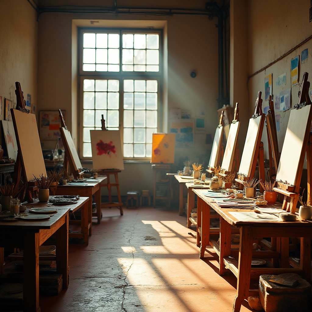 Interno dello studio di pittura a Roma con cavalletti e luce naturale