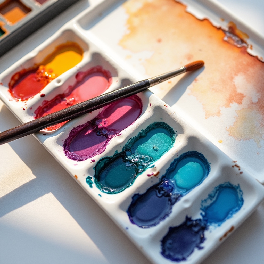 Tavolozza con colori ad acqua mescolati in gradazioni calde e fredde